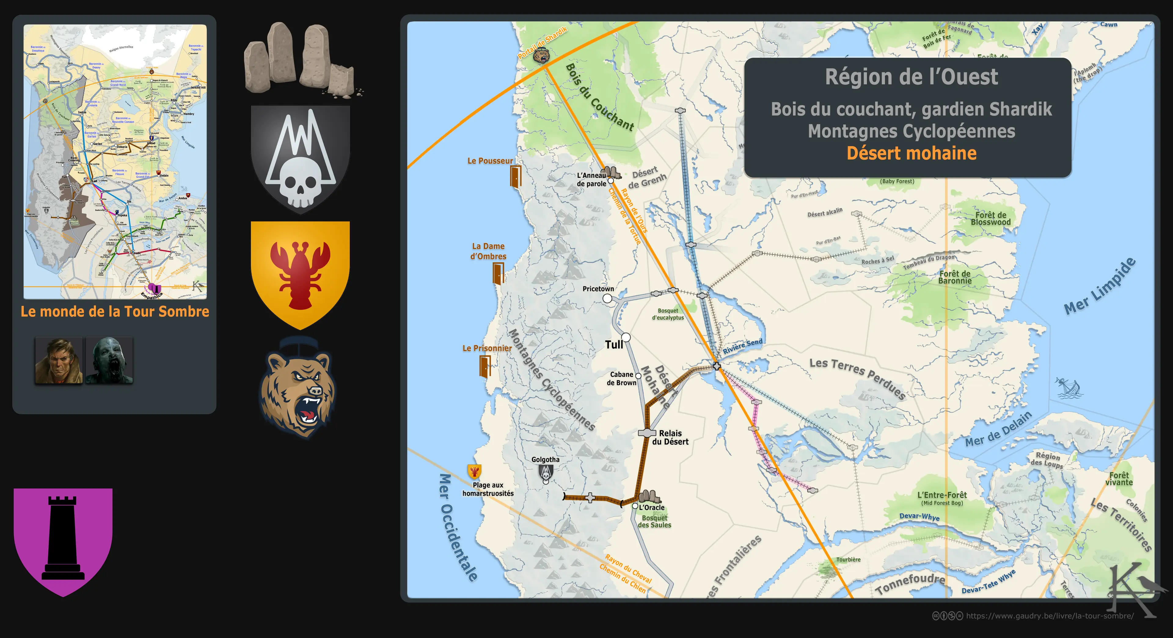 Carte de la Tour Sombre, région Ouest - Bois du Couchant, Gardien Shardik, Montagnes Cyclopéennes, Désert mohaine