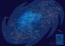 Représentation schématique d'une galaxie et des planètes et étoiles la composant, incluant les routes de transport entre lesdites planètes