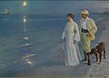 Un couple marchant sur la plage avec un chien, un quart de lune en arrière plan.