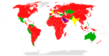 Carte du monde. La majorité des pays sont colorés en rouge.