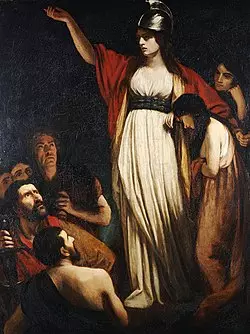 Painting of woman, with outstretched arm, in white dress with red cloak and helmet, with other human figures to her right and below her to the left.