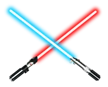 Une épée rouge et une épée bleue entrecroisées.