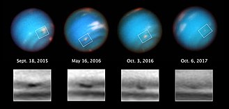 Quatre images à un an d'écart de la même zone de la planète montrant qu'une tache diminue de taille.