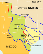 La république du Texas (1836-1845) : en vert, les territoires texans contestés par les Mexicains.