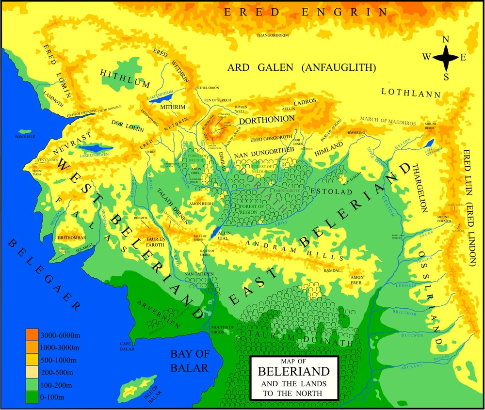 Carte du Beleriand selon la topographie