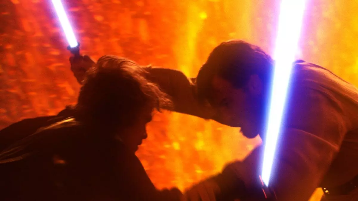 Anakin Skywalker et Obi-Wan Kenobi se battant en duel sur Mustafar Anakin Skywalker et Obi-Wan Kenobi