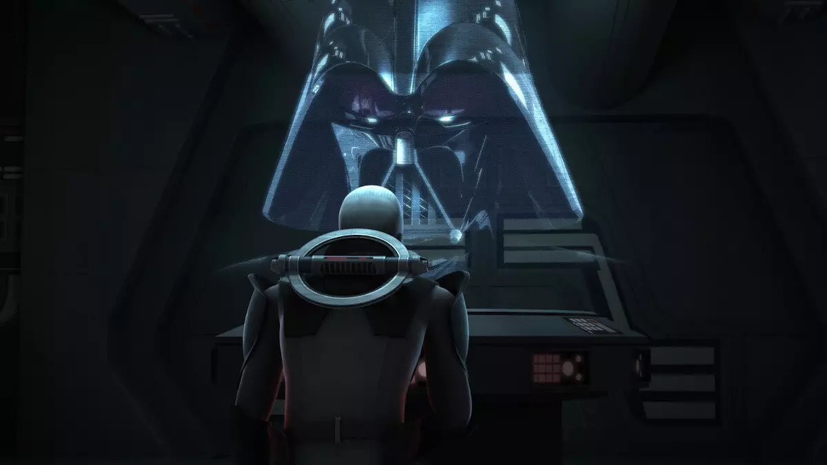 Dark Vador s'adressant au Grand Inquisiteur sur une liste holocale Dark Vador et le Grand Inquisiteur