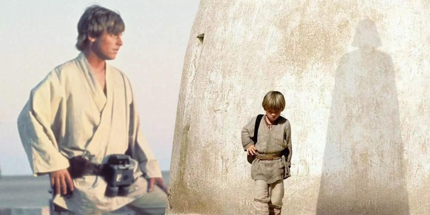 Image fusionnée de Luke Skywalker ,du jeune Anakin Skywalker, et l'ombre de Vador, sur Tatooine.