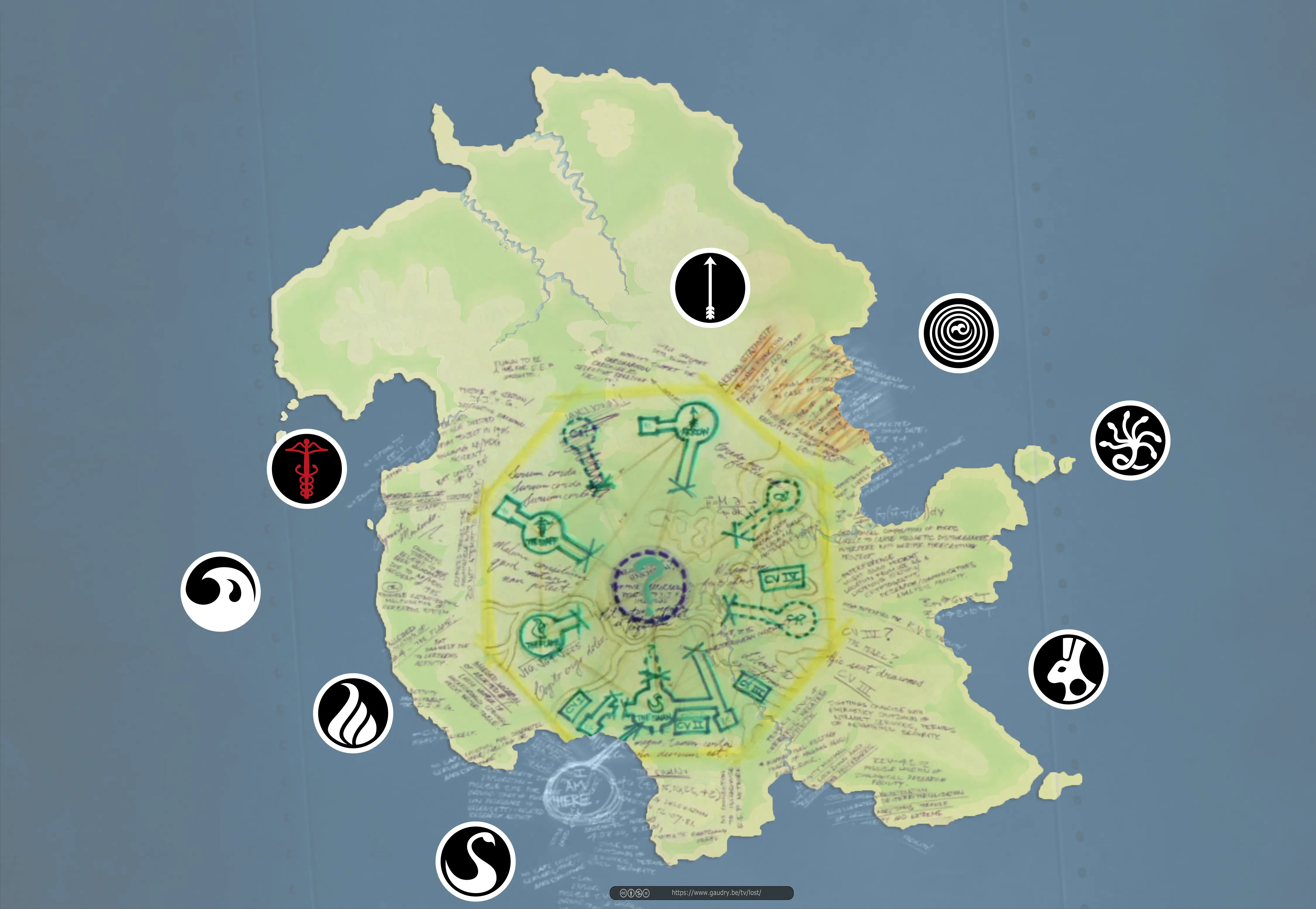 Une carte de l'île de LOST avec des annotations